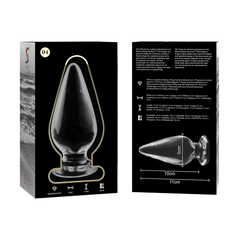 Packaging noir Nebula Series du plug anal en verre forme goutte, visuel produit et schema technique 11 cm imprime, modele transparent lisse au jeu thermique.