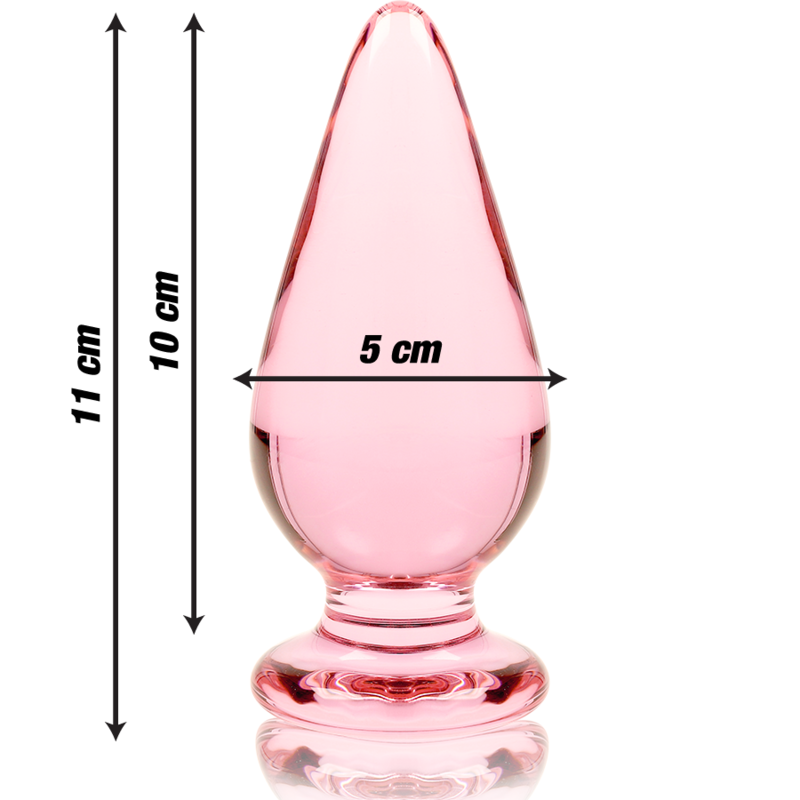 Schema cote du plug anal verre borosilicate rose forme goutte, cotes 11 cm et diametre 5 cm precisees, pointe effilee et base annelee, finition lisse non poreuse.