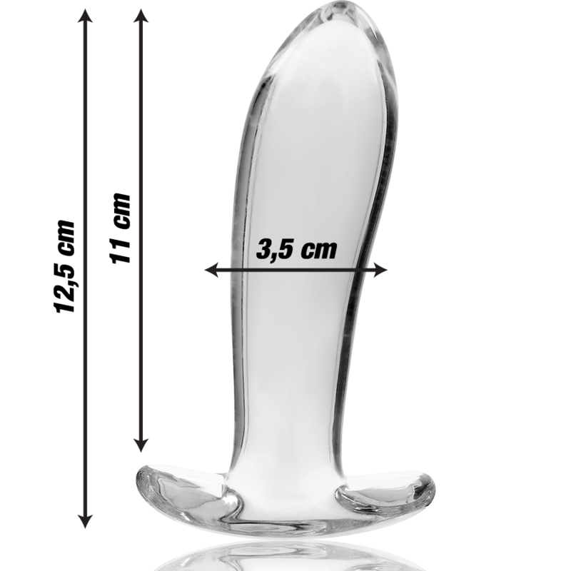 Schema cote du plug anal verre borosilicate courbe, cotes 12,5 cm et diametre 3,5 cm indiquees, tete arrondie et base recourbee, finition lisse non poreuse.