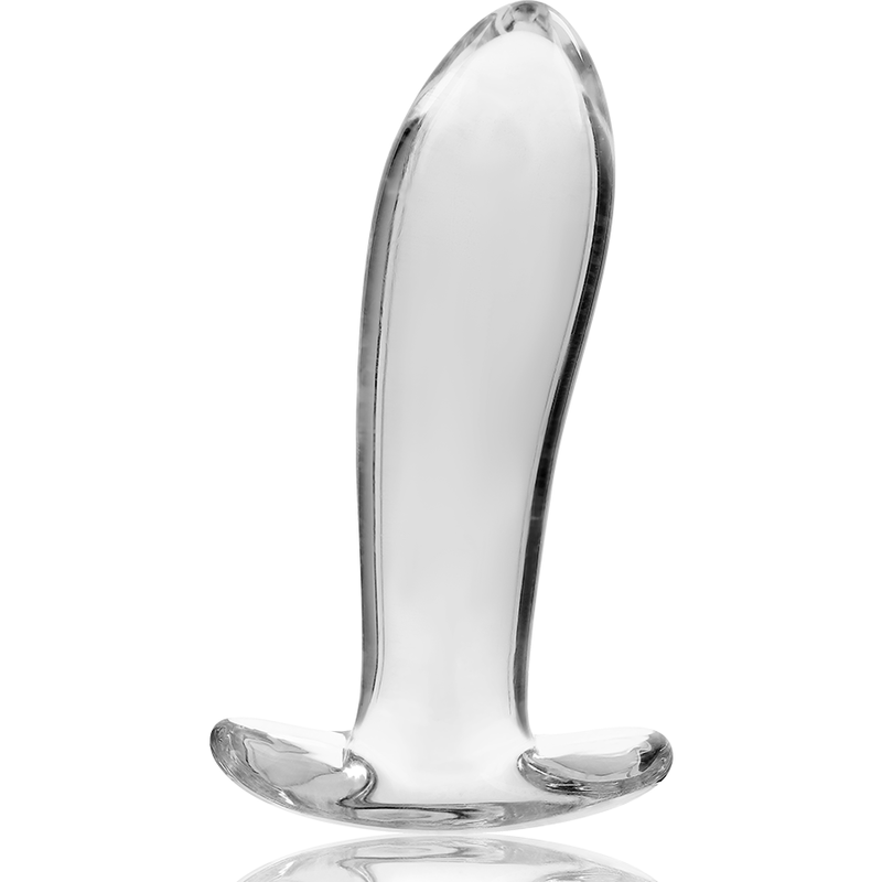 Plug anal en verre borosilicate transparent au corps courbe et base recourbee plate, vue en biais, matiere lisse non poreuse pensee pour un confort thermique.
