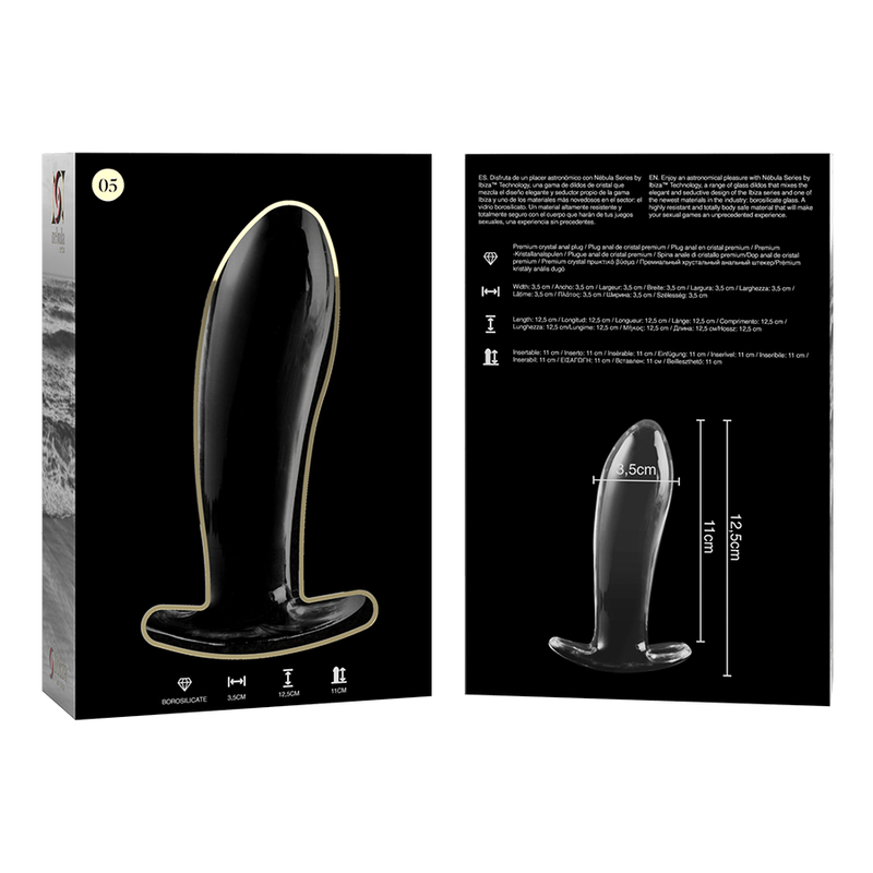 Packaging Nebula Series recto verso du plug anal en verre courbe, visuel produit et schema technique 11 cm imprime, modele transparent lisse au jeu thermique.