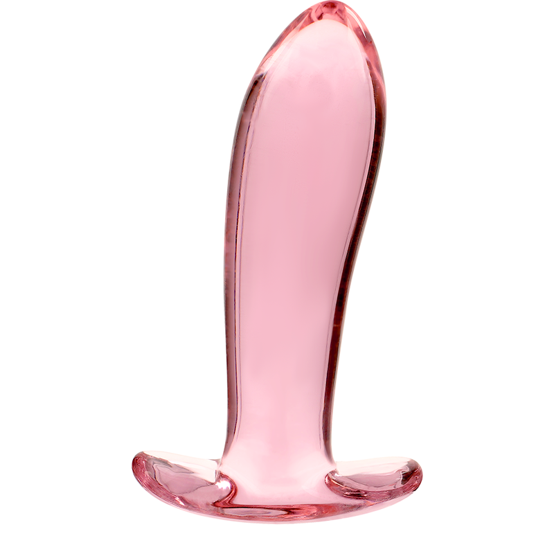 Plug anal en verre borosilicate rose Nebula Series au corps courbe et base recourbee plate, vue de face, matiere thermique lisse compatible tous lubrifiants.