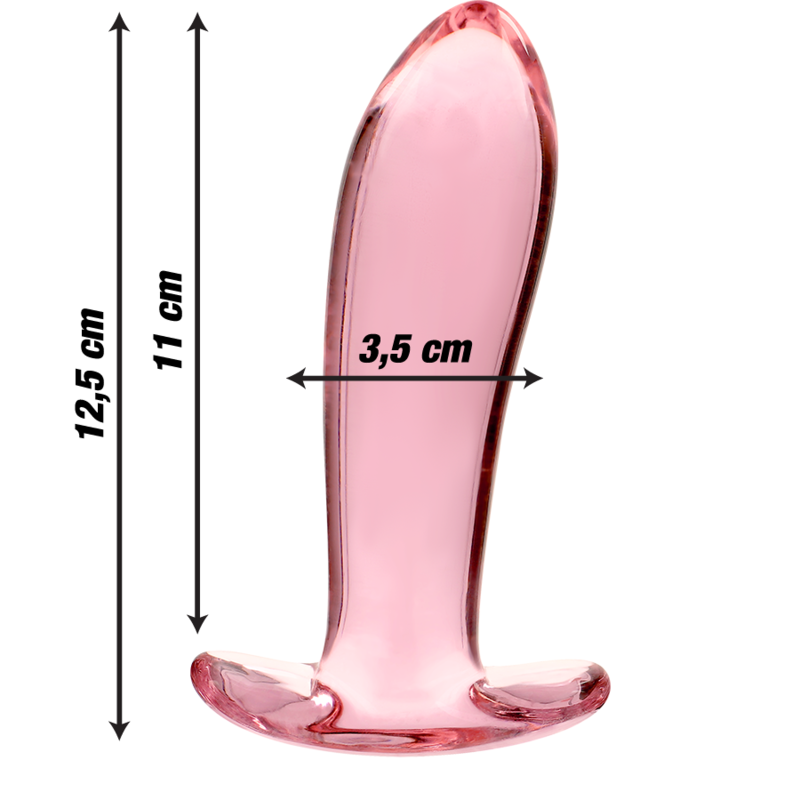 Schema cote du plug anal verre borosilicate rose courbe, cotes 12,5 cm et diametre 3,5 cm precisees, tete arrondie et base recourbee, finition lisse non poreuse.