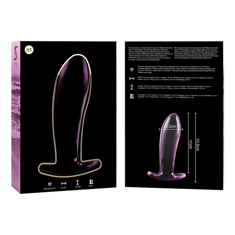 Packaging Nebula Series et schema technique 11 cm du plug anal en verre courbe, modele teinte rose-violet, corps courbe lisse au jeu de temperature chaud-froid.