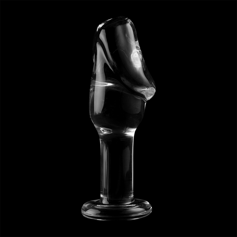 Plug anal en verre borosilicate transparent tete galbee torsadee sur fond noir, tige fine et base perlee, vue de face, matiere thermique non poreuse hygienique.