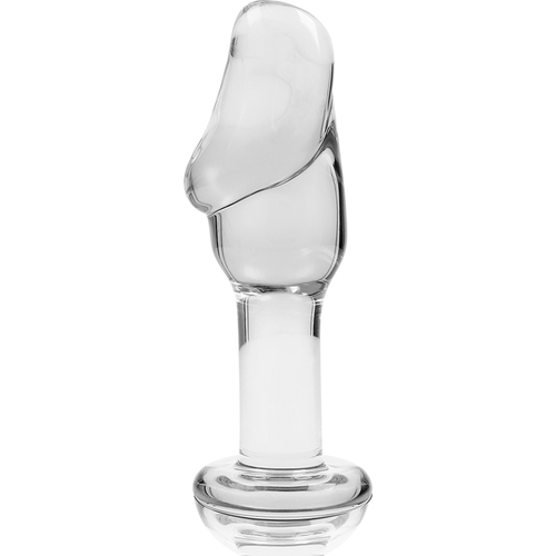 Plug anal en verre borosilicate transparent tete galbee torsadee sur tige et base perlee, vue de face, matiere lisse non poreuse pensee pour un jeu thermique.