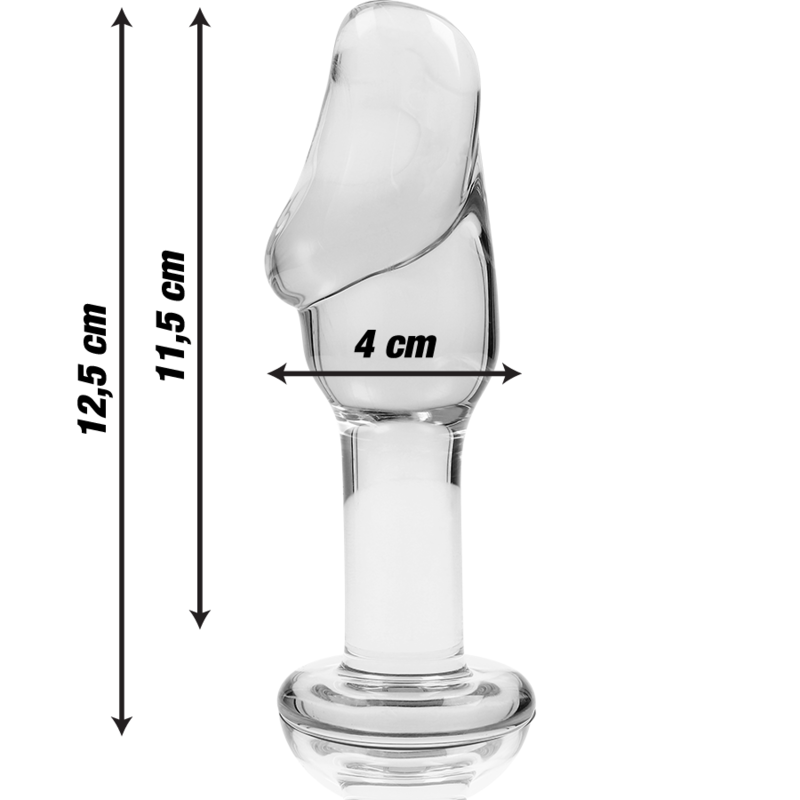 Schema cote du plug anal verre borosilicate tete galbee torsadee, cotes 12,5 cm et diametre 4 cm indiquees, tige fine et base perlee, finition lisse non poreuse.