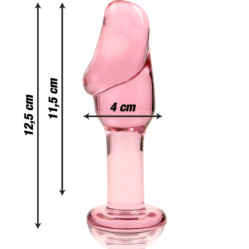 Schema cote du plug anal verre borosilicate rose tete galbee torsadee, cotes 12,5 cm et diametre 4 cm precisees, tige fine et base perlee, finition lisse non poreuse.