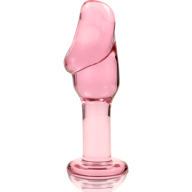Plug anal en verre borosilicate rose Nebula Series tete galbee torsadee sur tige et base perlee, vue de face, matiere thermique lisse facile a nettoyer.