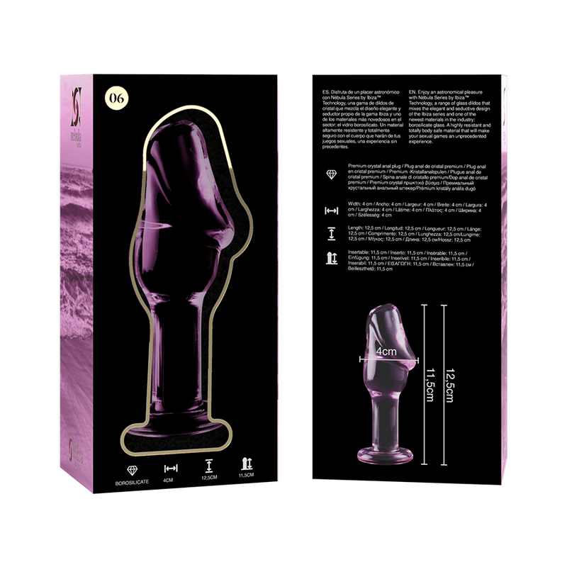 Packaging Nebula Series et schema technique 12,5 cm du plug anal en verre tete galbee, modele teinte rose-violet, tige fine lisse au jeu de temperature chaud-froid.