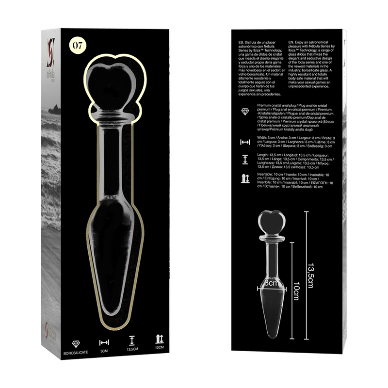 Packaging noir Nebula Series du gode anal en verre double embout, visuel produit et schema technique cote, modele transparent lisse adaptable a la temperature.