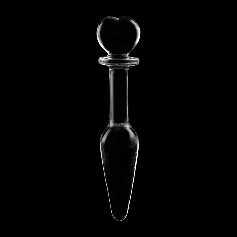 Gode anal en verre borosilicate transparent double embout sur fond noir, bille perlee et corps conique effile, vue de face, matiere thermique non poreuse a nettoyer.