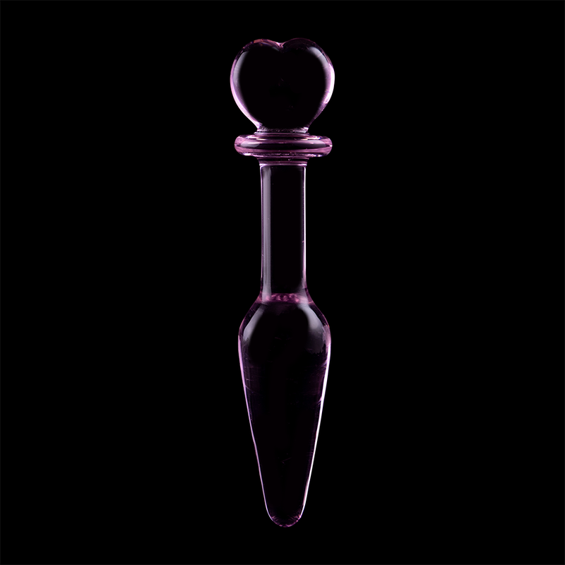 Gode anal en verre borosilicate teinte rose-violet double embout sur fond noir, bille perlee et corps conique effile, vue de face, surface lisse non poreuse thermique.