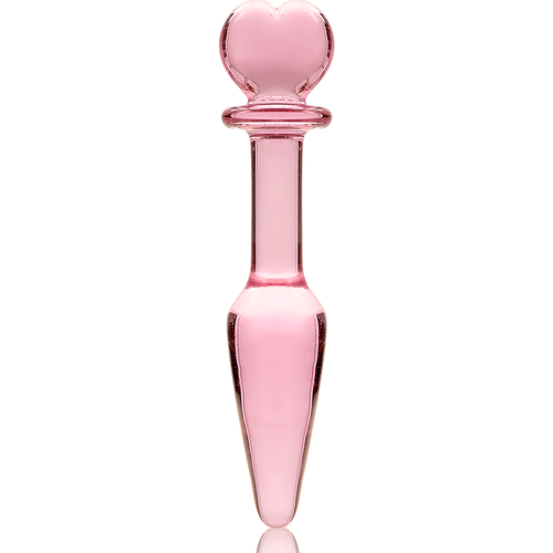 Gode anal en verre borosilicate rose, embout bille perlee et corps conique effile separes par une tige, vue de face, matiere lisse non poreuse au jeu thermique.