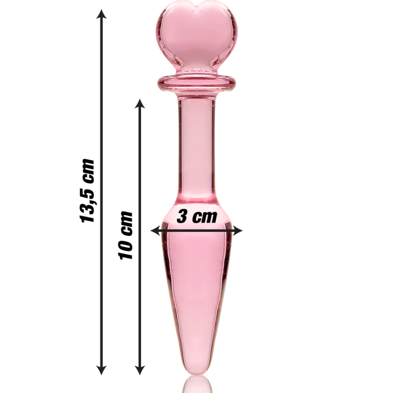 Schema cote du gode anal verre borosilicate rose double embout, cotes 13,5 cm et diametre 3 cm precisees, bille perlee et pointe conique, finition lisse non poreuse.