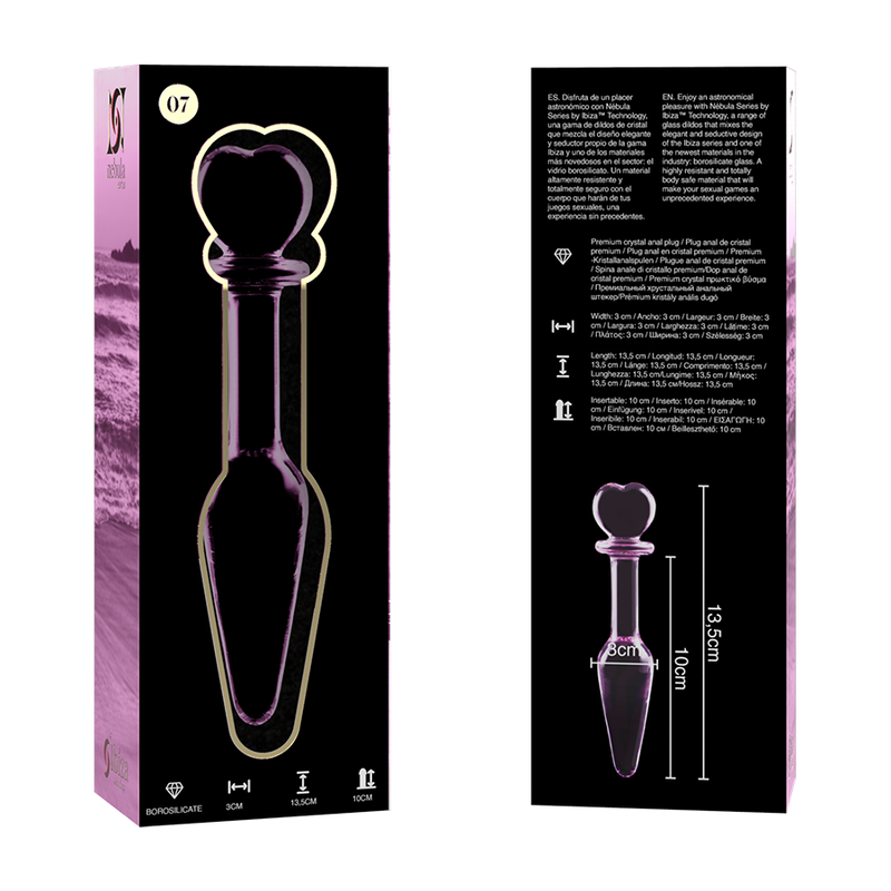 Packaging Nebula Series et schema technique 13,5 cm du gode anal en verre double embout, modele teinte rose-violet, bille et pointe conique lisses au jeu thermique.