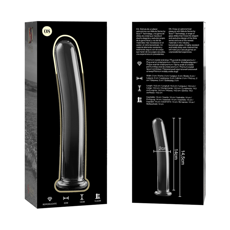 Packaging Nebula Series recto verso du gode fin en verre, visuel produit et schema 14,5 cm imprime, modele transparent incurve lisse pour stimulation precise.