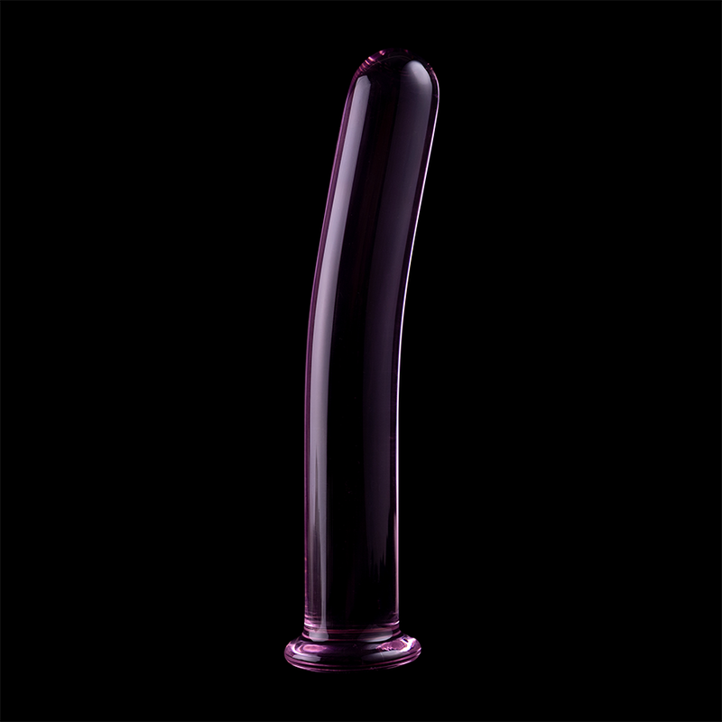Gode fin en verre borosilicate teinte rose-violet sur fond noir, tige incurvee elancee a pointe arrondie et base ronde, vue de face, surface lisse non poreuse.