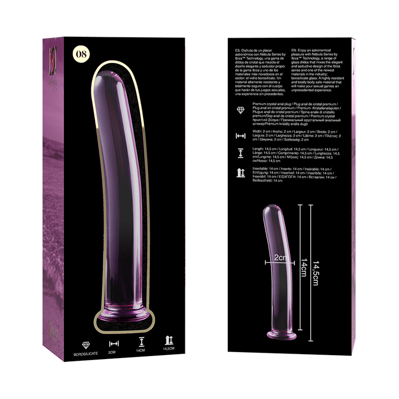 Packaging Nebula Series recto verso du gode fin en verre, visuel teinte rose-violet et schema technique 14,5 cm, tige incurvee lisse non poreuse adaptable thermique.