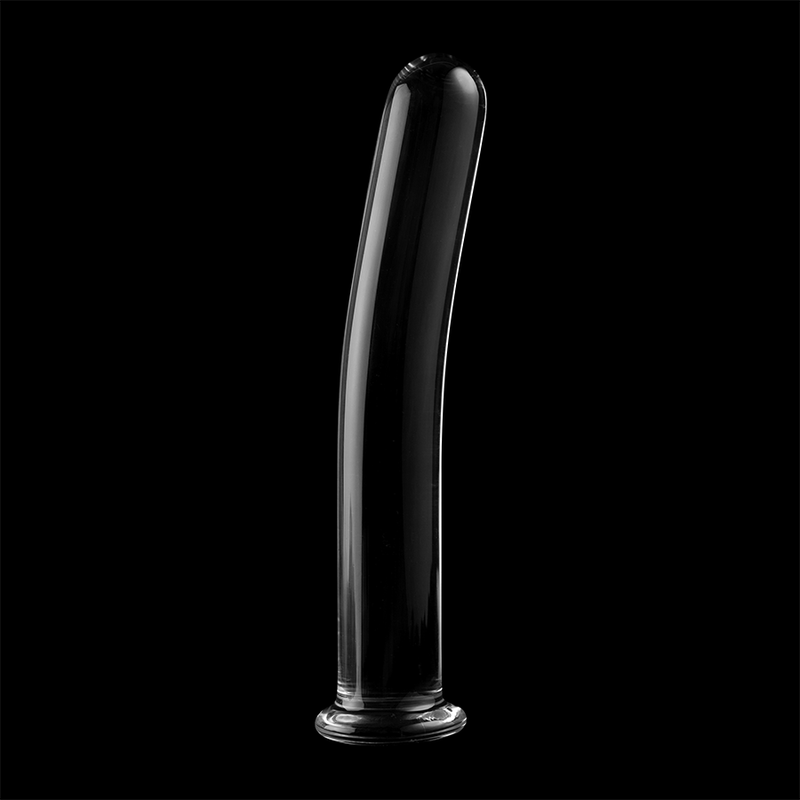 Gode en verre borosilicate transparent Nebula Series, forme courbe lisse de 15,5 cm sur fond noir, surface non poreuse compatible jeu de temperature chaud ou froid.