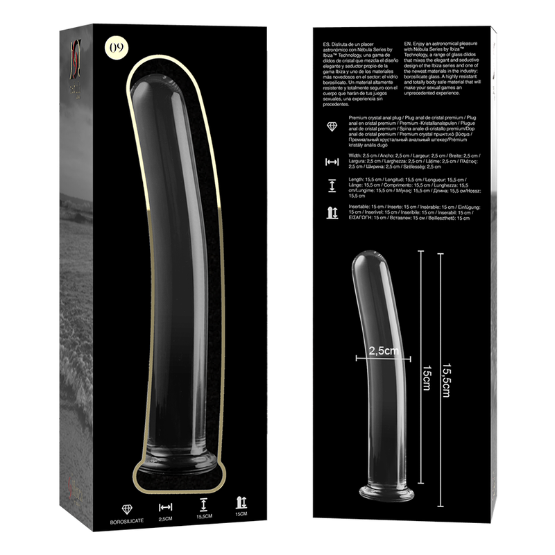 Packaging premium du gode en verre borosilicate Nebula Series, modele courbe lisse de 15,5 cm, diametre 2,5 cm, presente face et profil avec base stable de securite.