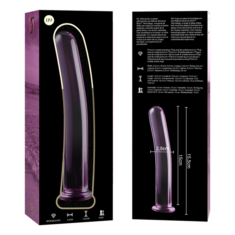 Boite Nebula Series et gode en verre borosilicate teinte violet, modele lisse de 15,5 cm avec schema dimensionnel, base evasee, surface non poreuse hygienique.