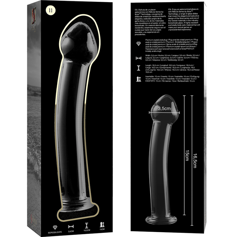 Packaging Nebula Series du gode anal en verre borosilicate de 16,5 cm avec visuel cote, tige courbe a tete en gland, base evasee, surface non poreuse facile a nettoyer.