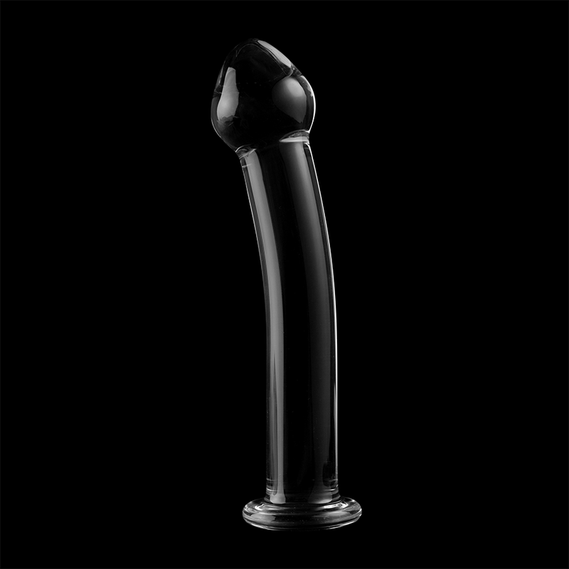 Gode anal en verre borosilicate transparent Nebula Series sur fond noir, 16,5 cm, tige fine incurvee a tete en gland et base large stable, matiere thermique non poreuse.