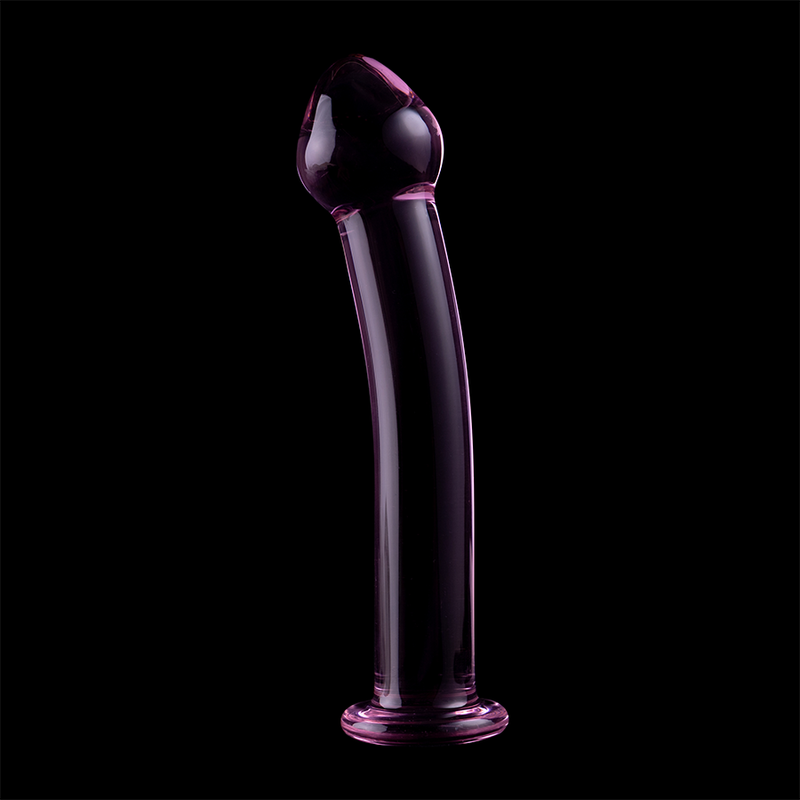 Gode anal en verre borosilicate violet Nebula Series sur fond noir, 16,5 cm, tige lisse incurvee a tete en gland et base ronde, matiere non poreuse adaptable temperature.