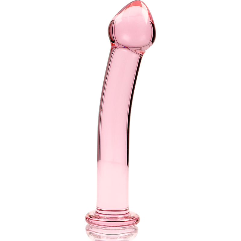 Gode anal en verre borosilicate rose Nebula Series debout sur fond clair, 16,5 cm, tige incurvee lisse a tete en gland et base evasee, surface thermique non poreuse.