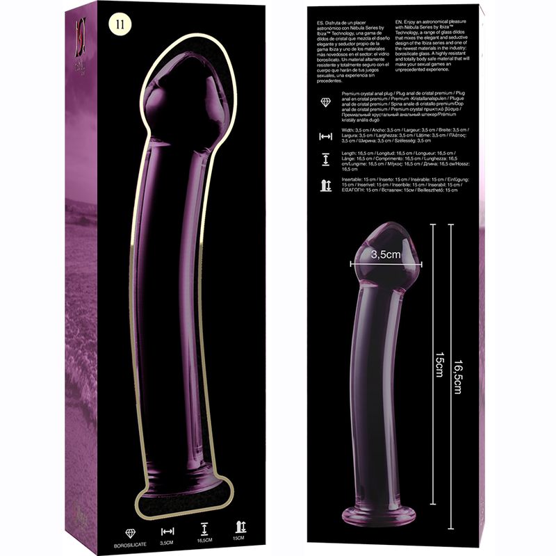 Boite et gode anal en verre borosilicate teinte violet Nebula Series de 16,5 cm, visuel cote, tige courbe a tete en gland et base de securite, deux coloris.