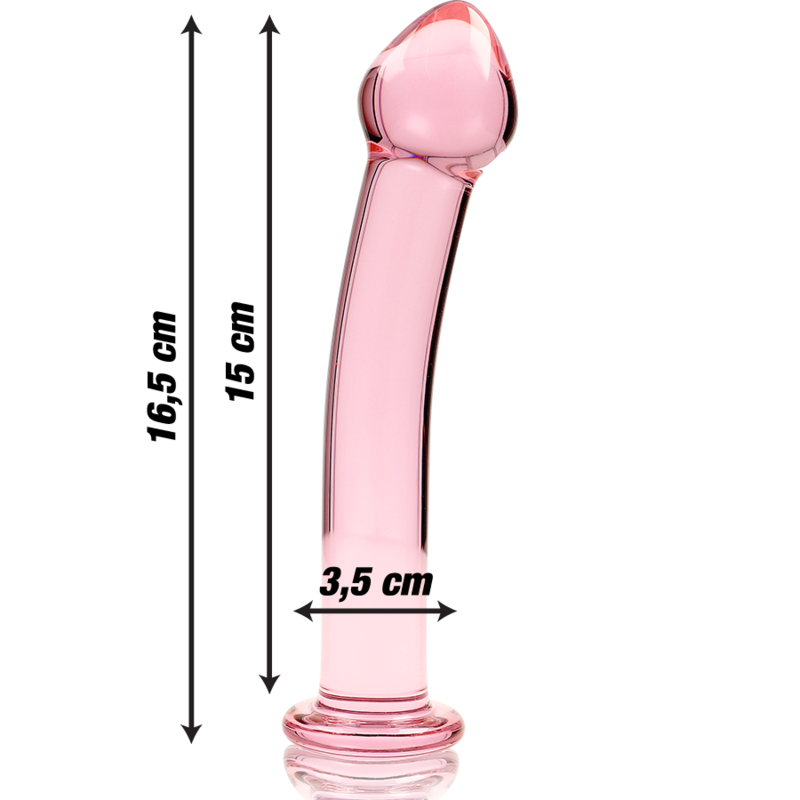 Schema du gode anal en verre borosilicate rose Nebula Series, 16,5 cm et 3,5 cm de diametre, tige lisse courbe a tete en gland et base stable, jeu de temperature.