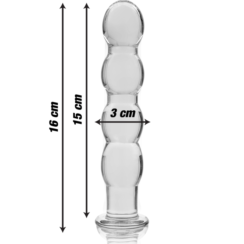 Schema du gode chapelet en verre borosilicate Nebula Series, 16 cm de long et 3 cm de diametre, billes empilees lisses et base de securite, matiere non poreuse.