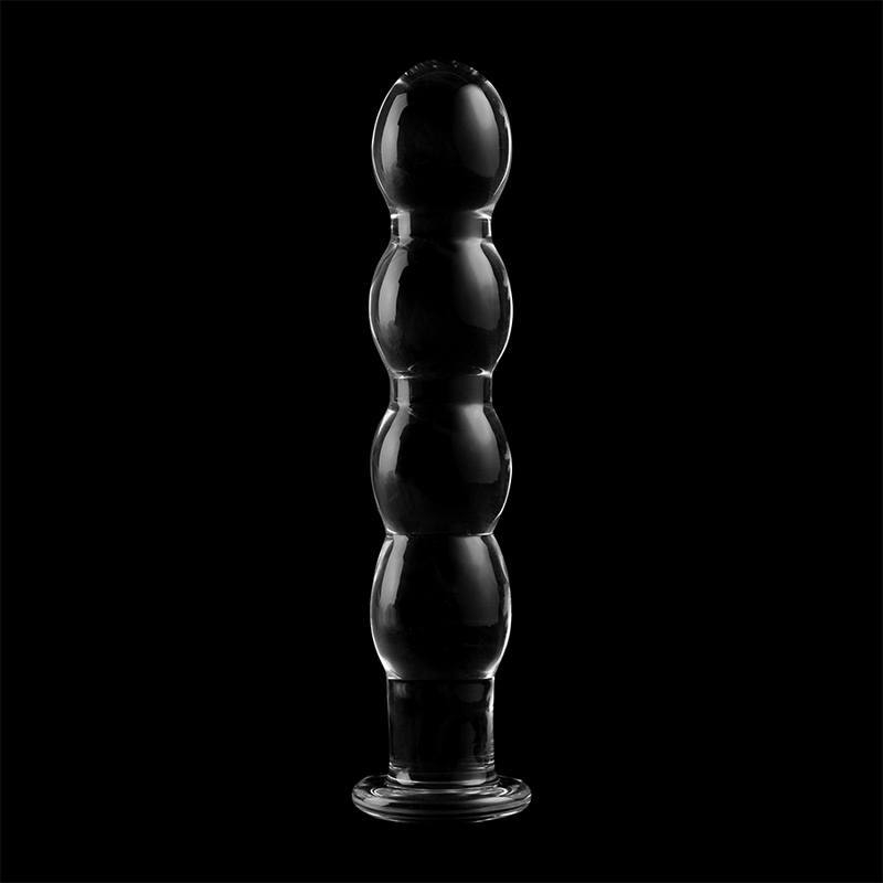 Gode chapelet en verre borosilicate teinte fonce Nebula Series sur fond noir, succession de billes lisses progressives et base evasee, surface non poreuse thermique.