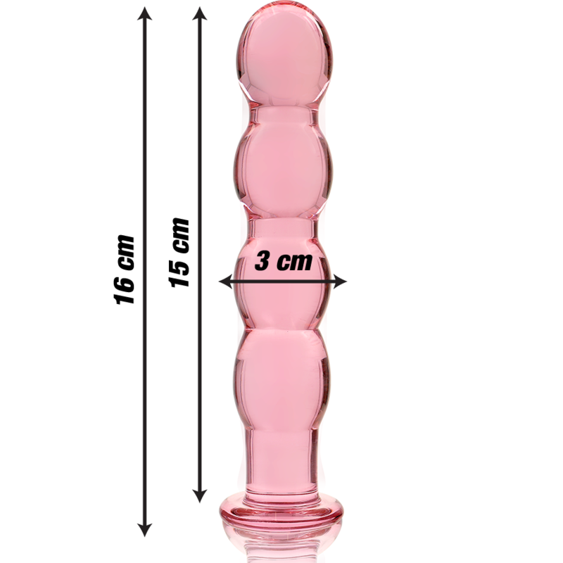 Schema du gode chapelet en verre borosilicate rose Nebula Series, 16 cm et 3 cm de diametre, billes progressives lisses et base de securite, jeu de temperature.
