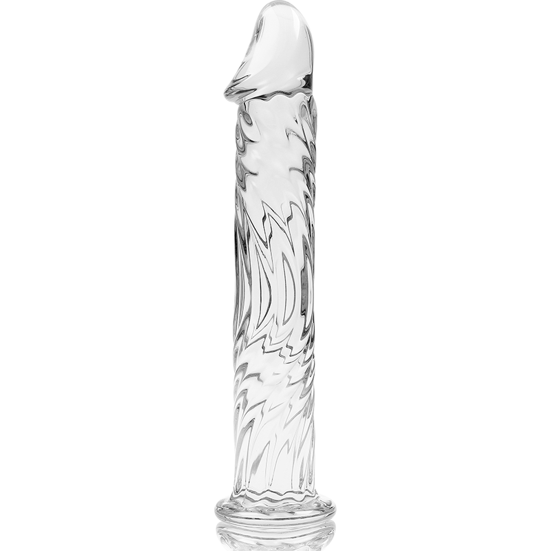 Gode en verre borosilicate transparent Nebula Series de 17 cm sur fond blanc, tete sculptee et fut strie en relief, base evasee, surface non poreuse thermique.