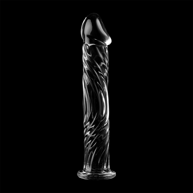 Gode en verre borosilicate transparent Nebula Series de 17 cm sur fond noir, tete sculptee marquee et fut en relief, base evasee de securite, matiere non poreuse.