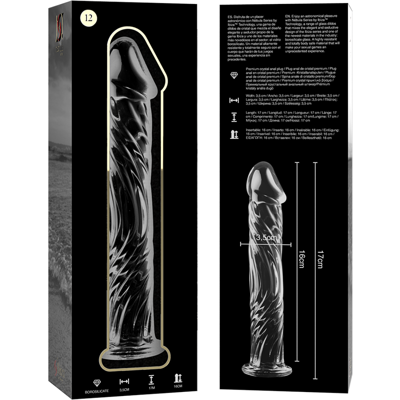 Boite Nebula Series et gode en verre borosilicate transparent de 17 cm a tete sculptee et fut texture, visuel cote, base large, matiere non poreuse facile a nettoyer.