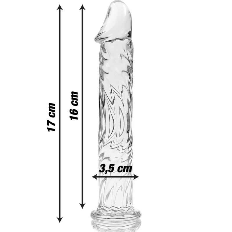 Schema du gode en verre borosilicate Nebula Series, 17 cm de long et 3,5 cm de diametre, tete sculptee et fut texture en relief, base large de securite.