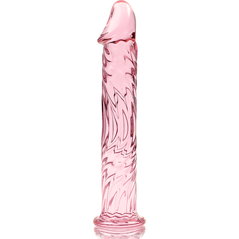 Gode en verre borosilicate rose Nebula Series de 17 cm a tete sculptee et surface striee, presente debout sur fond clair, base evasee de securite.