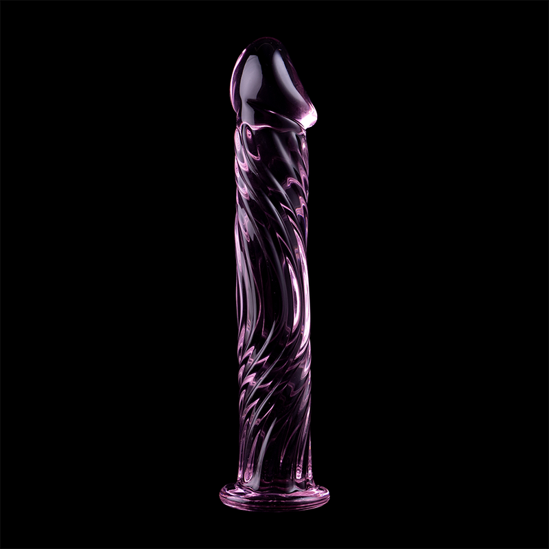 Gode en verre borosilicate teinte violet Nebula Series de 17 cm sur fond noir, tete sculptee et fut texture en relief, base evasee, matiere thermique non poreuse.