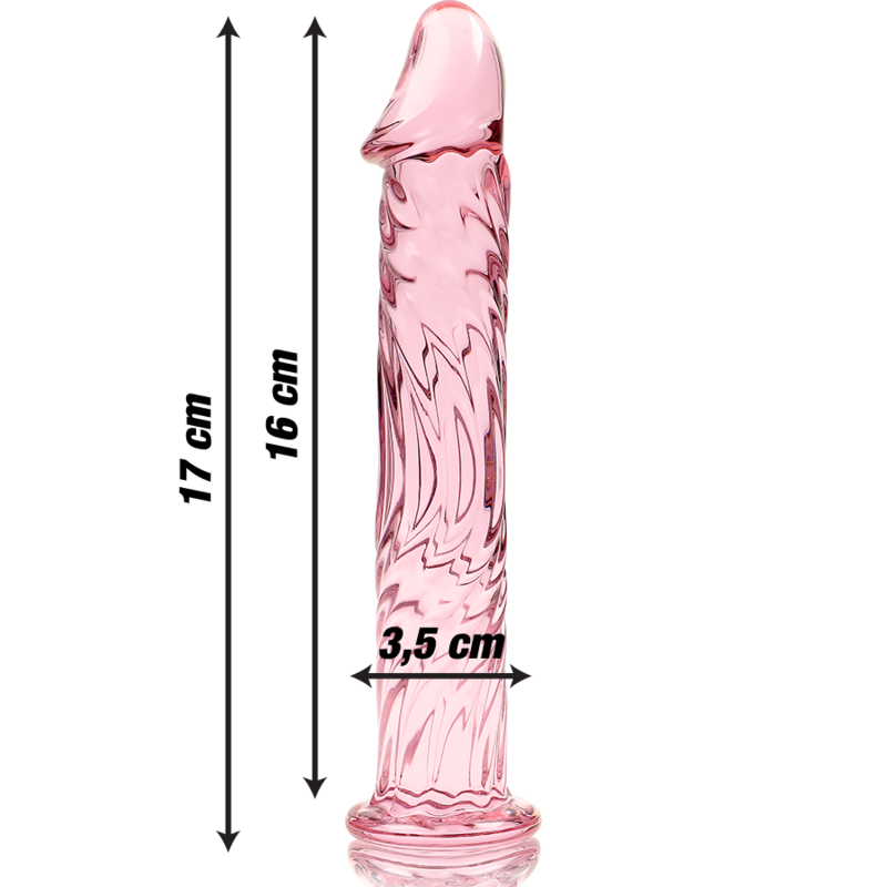 Schema du gode en verre borosilicate rose Nebula Series, 17 cm et 3,5 cm de diametre, tete sculptee et fut texture en relief, base large de securite, jeu thermique.