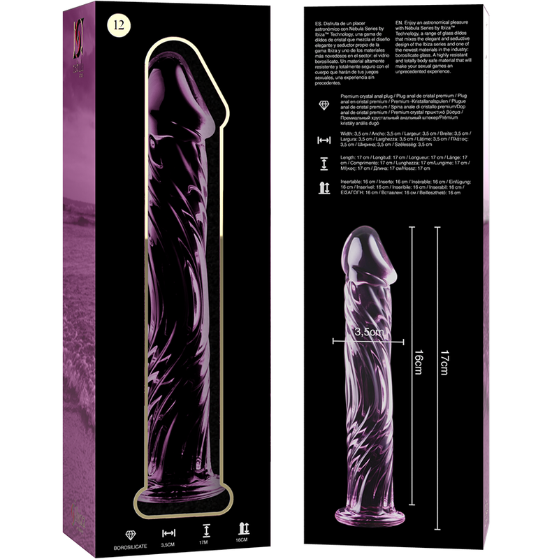 Boite et gode en verre borosilicate rose Nebula Series de 17 cm, tete sculptee et fut strie en relief, visuel cote, base large, surface non poreuse facile a nettoyer.
