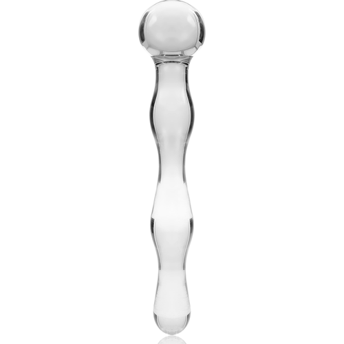 Gode double en verre borosilicate transparent Nebula Series, grosse sphere lisse a une extremite et renflements arrondis, tige droite non poreuse pour double usage.