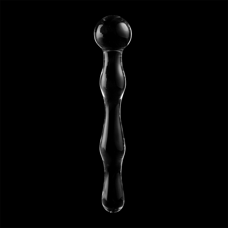 Gode double en verre borosilicate teinte fonce Nebula Series sur fond noir, grosse sphere lisse et renflements arrondis, tige droite, matiere non poreuse hygienique.