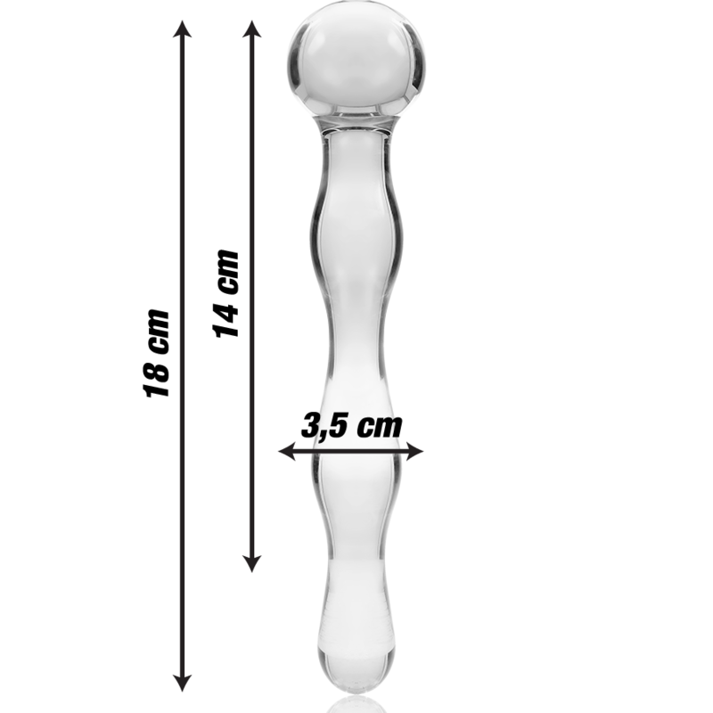 Schema du gode double en verre borosilicate Nebula Series, 18 cm de long, partie utile 14 cm et 3,5 cm de diametre, sphere lisse et renflements ronds, non poreux.