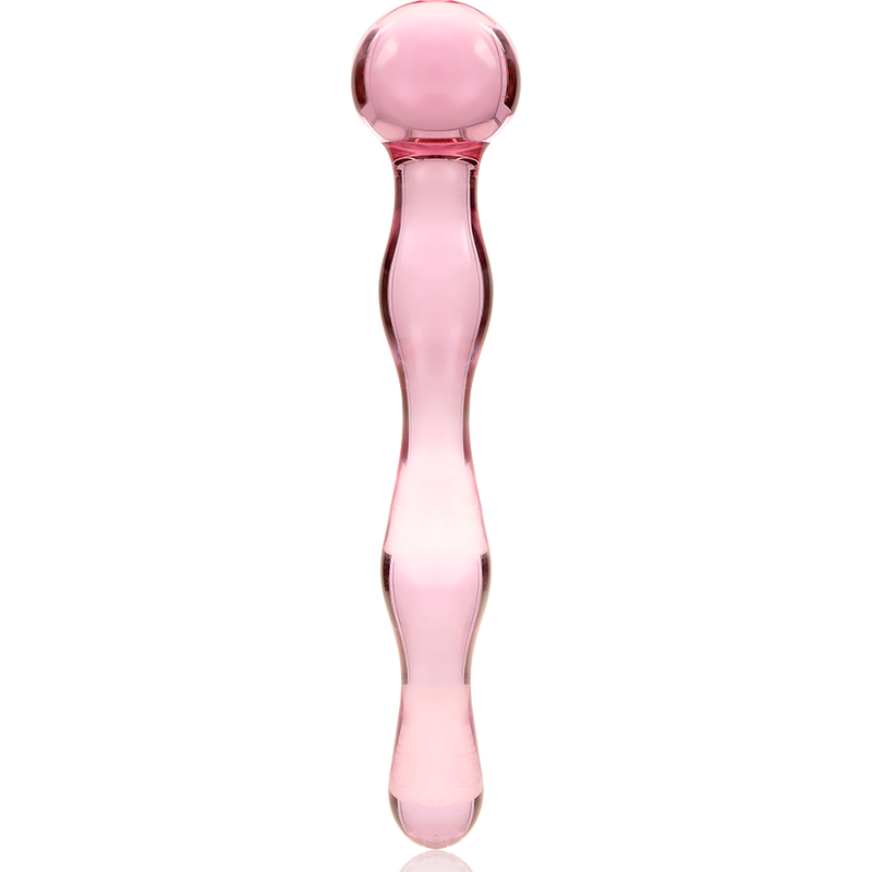 Gode double en verre borosilicate rose Nebula Series presente debout, grosse sphere lisse et renflements arrondis, tige droite, matiere non poreuse adaptable temperature.