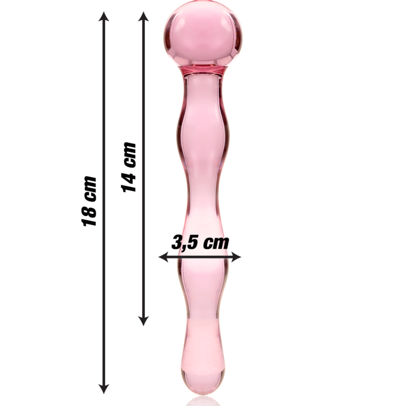 Schema du gode double en verre borosilicate rose Nebula Series, 18 cm de long, zone utile 14 cm et 3,5 cm de diametre, sphere lisse et renflements ronds, non poreux.