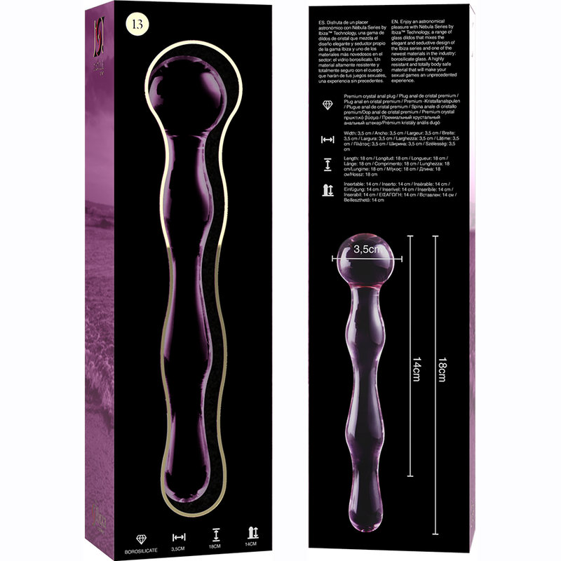 Boite et gode double en verre borosilicate teinte violet Nebula Series, sphere lisse et renflements ronds, visuel cote, tige droite, surface non poreuse hygienique.