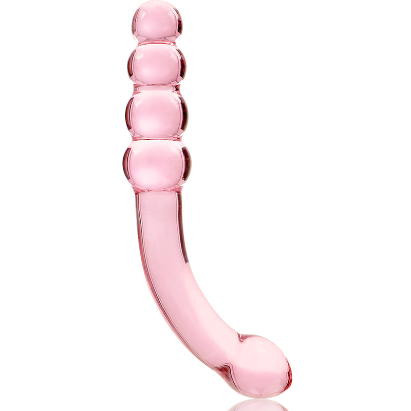 Gode courbe en verre borosilicate rose Nebula Series presente debout, manche a billes lisses et embout bombe, 18,5 cm, matiere non poreuse adaptable a la temperature.